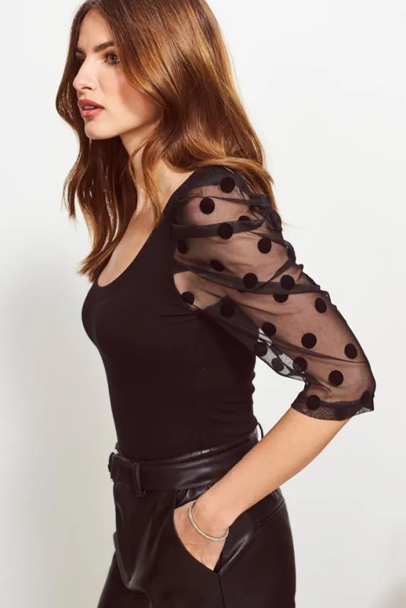 Sosandar Black Polka Dot Organza Sleeve Top Black Women Tops
