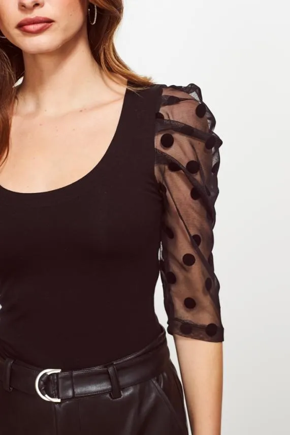 Sosandar Black Polka Dot Organza Sleeve Top Black Women Tops