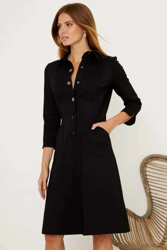 Sosandar Black Ponte Popper Front Shirt Dress Black Women Dresses