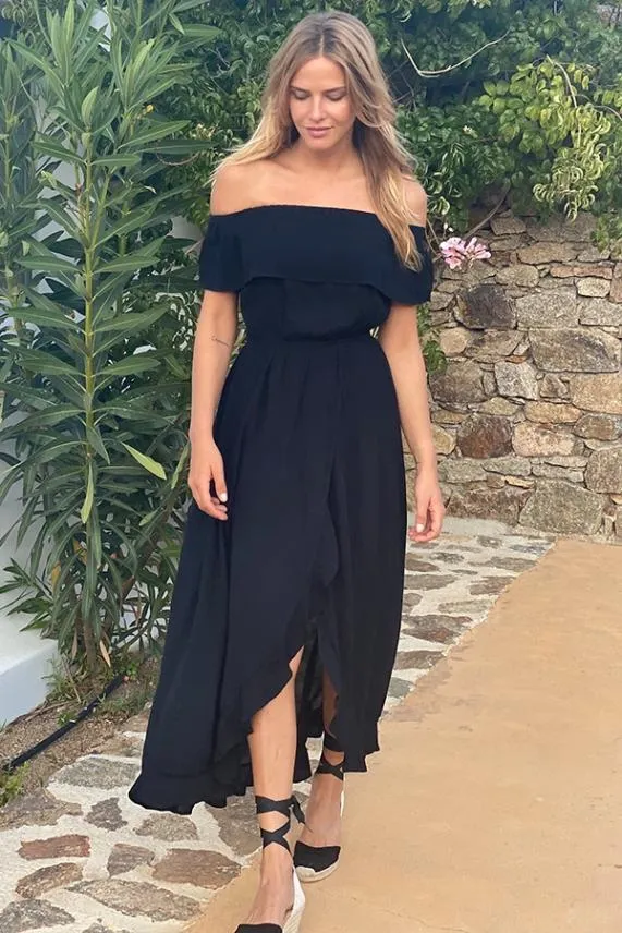 Sosandar Black Ruffle Detail Side Split Bardot Dress Black Women Dresses