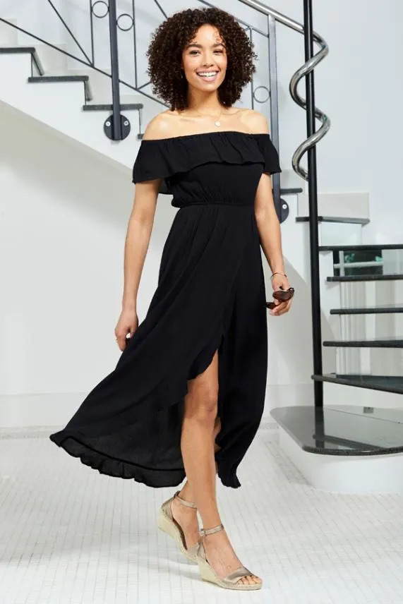 Sosandar Black Ruffle Detail Side Split Bardot Dress Black Women Dresses