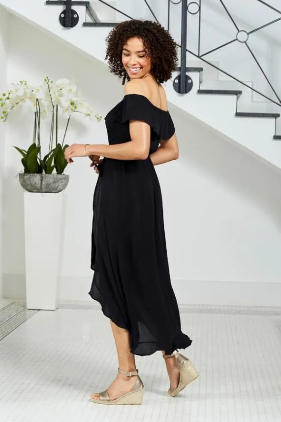 Sosandar Black Ruffle Detail Side Split Bardot Dress Black Women Dresses