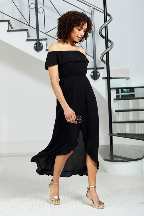 Sosandar Black Ruffle Detail Side Split Bardot Dress Black Women Dresses