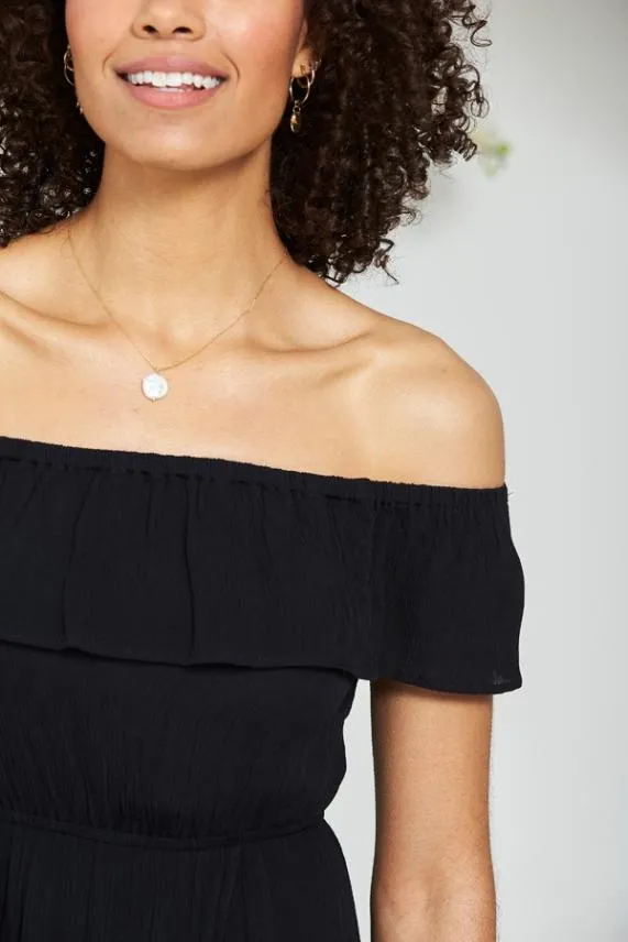 Sosandar Black Ruffle Detail Side Split Bardot Dress Black Women Dresses