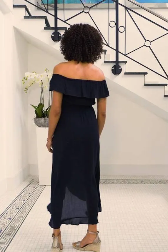 Sosandar Black Ruffle Detail Side Split Bardot Dress Black Women Dresses