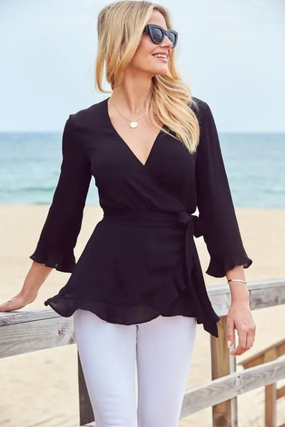 Sosandar Black Ruffle Hem Fluted Cuff Top Black Women Tops