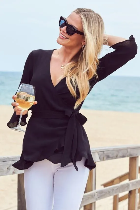 Sosandar Black Ruffle Hem Fluted Cuff Top Black Women Tops