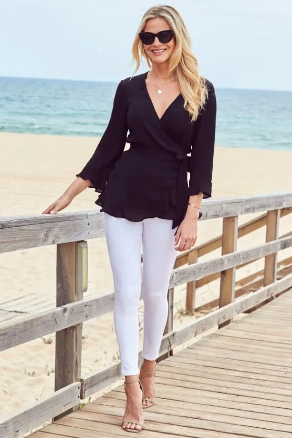 Sosandar Black Ruffle Hem Fluted Cuff Top Black Women Tops