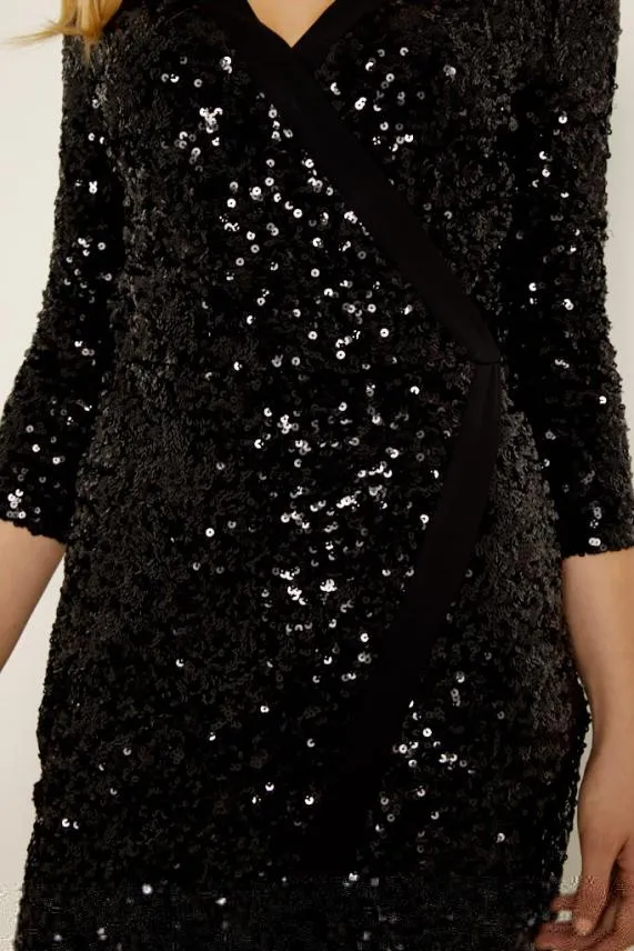 Sosandar Black Sequin Faux Wrap Dress Black Women Dresses