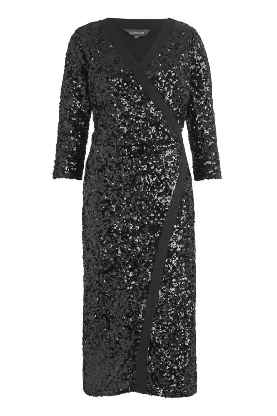 Sosandar Black Sequin Faux Wrap Dress Black Women Dresses