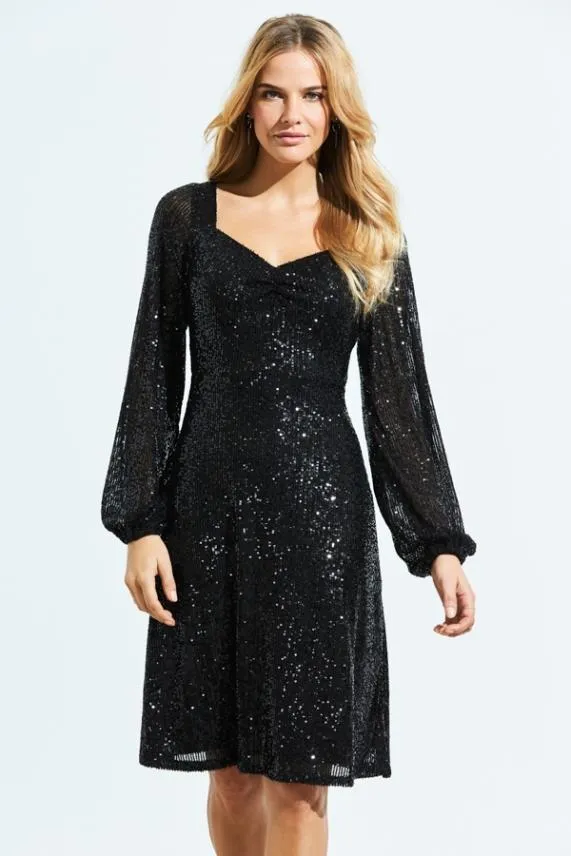 Sosandar Black Sequin Sweetheart Neck Blouson Sleeve Dress Black Women Dresses Sosandar Black Sequin Sweetheart Neck Blouson Sleeve Dress Black Women Dresses