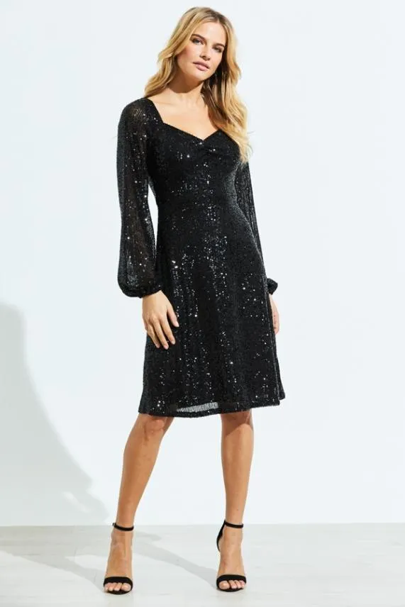 Sosandar Black Sequin Sweetheart Neck Blouson Sleeve Dress Black Women Dresses