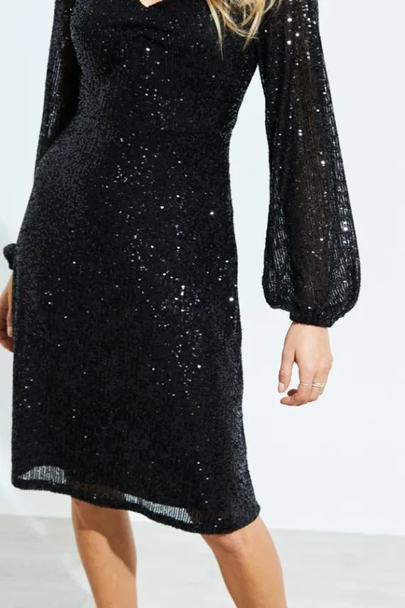 Sosandar Black Sequin Sweetheart Neck Blouson Sleeve Dress Black Women Dresses