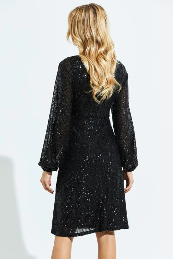 Sosandar Black Sequin Sweetheart Neck Blouson Sleeve Dress Black Women Dresses