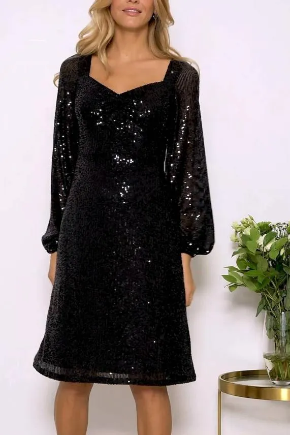 Sosandar Black Sequin Sweetheart Neck Blouson Sleeve Dress Black Women Dresses