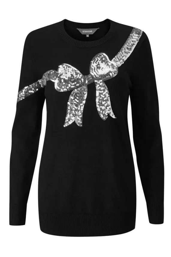 Sosandar Black Silver Sequin Bow Knit Jumper Black Women Knitwear