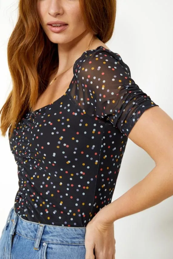 Sosandar Black Spot Print Sweetheart Neck Mesh Top Black Women Tops