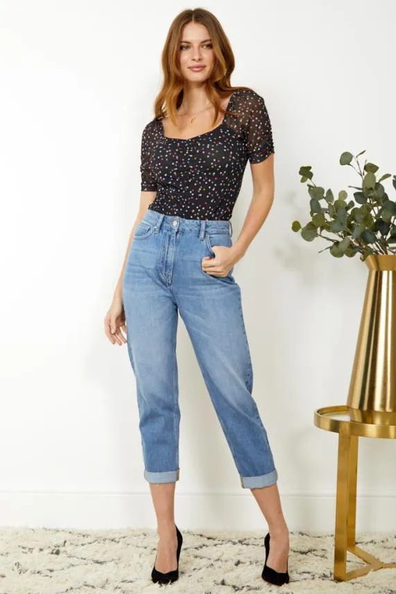Sosandar Black Spot Print Sweetheart Neck Mesh Top Black Women Tops