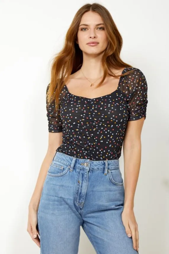 Sosandar Black Spot Print Sweetheart Neck Mesh Top Black Women Tops
