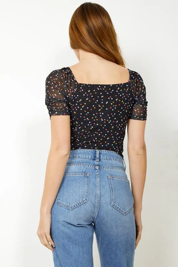 Sosandar Black Spot Print Sweetheart Neck Mesh Top Black Women Tops