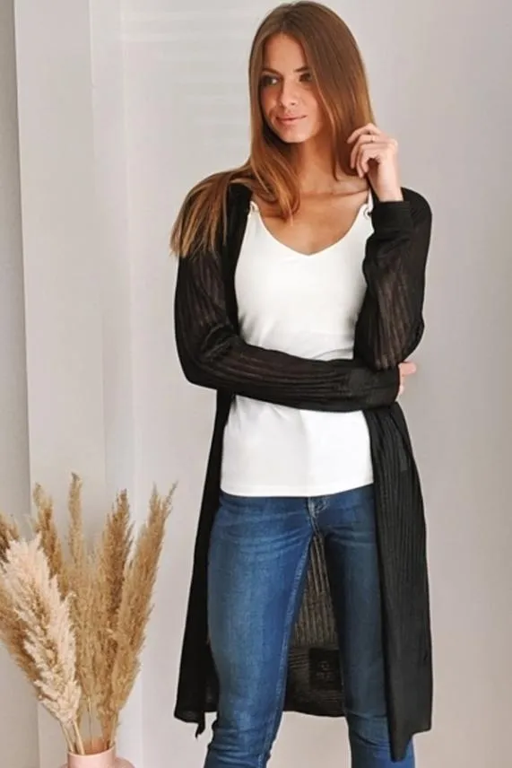 Sosandar Black Super Soft Ribbed Maxi Cardigan Black Women Knitwear