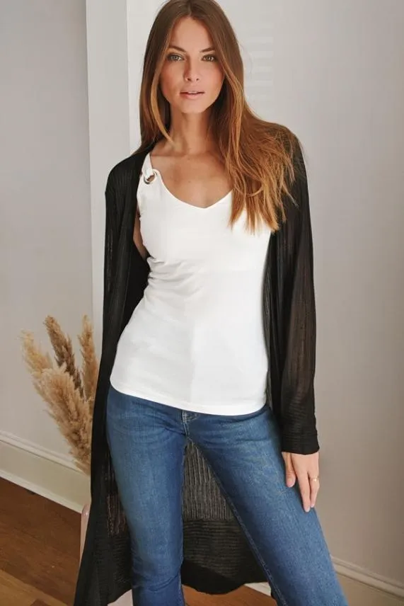 Sosandar Black Super Soft Ribbed Maxi Cardigan Black Women Knitwear