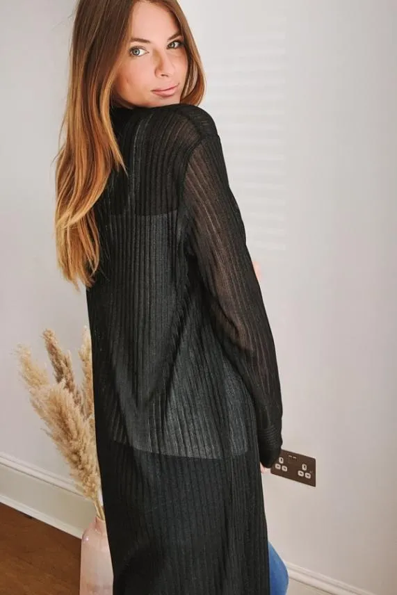 Sosandar Black Super Soft Ribbed Maxi Cardigan Black Women Knitwear