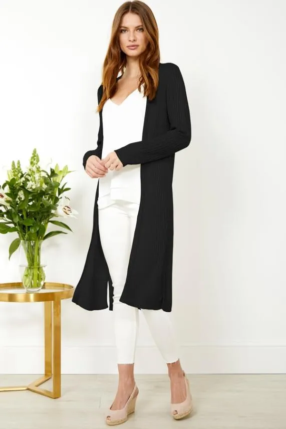 Sosandar Black Super Soft Ribbed Maxi Cardigan Black Women Knitwear