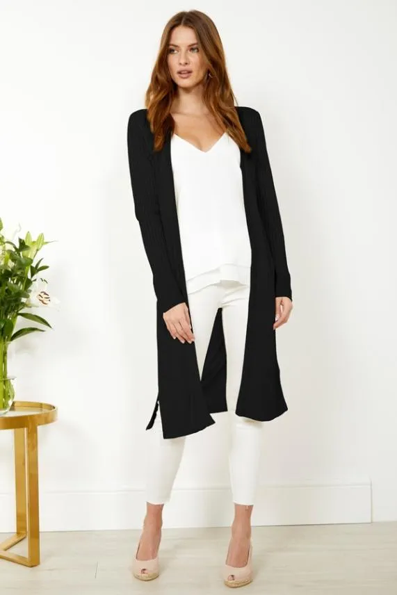 Sosandar Black Super Soft Ribbed Maxi Cardigan Black Women Knitwear