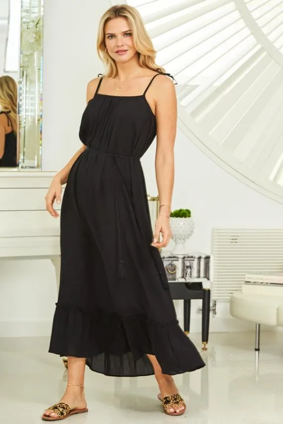 Sosandar Black Tassel Detail Tie Shoulder Maxi Dress Black Women Dresses