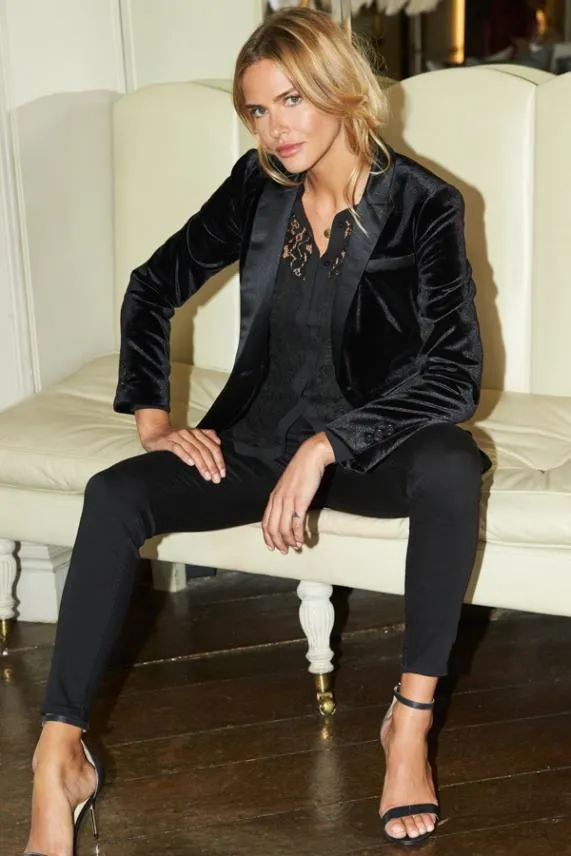 Sosandar Black Velvet Silky Detail Blazer Black Women Jackets and Coats