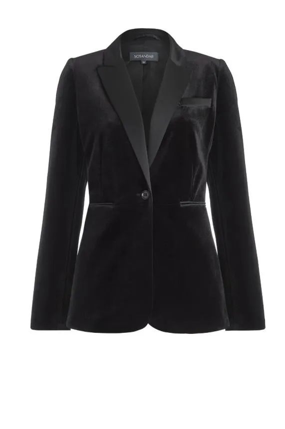 Sosandar Black Velvet Silky Detail Blazer Black Women Jackets and Coats