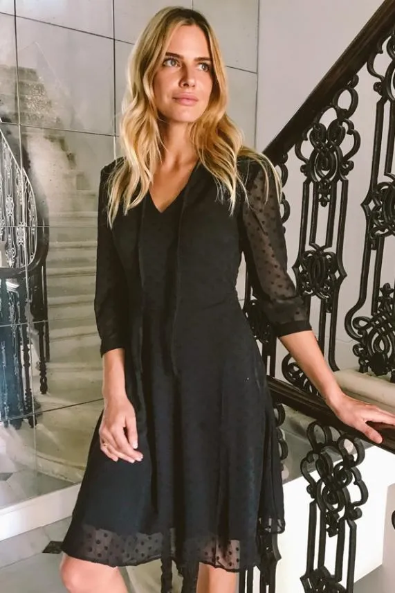 Sosandar Black Woven Spot Fit and Flare Tie Neck Dress Black Women Dresses