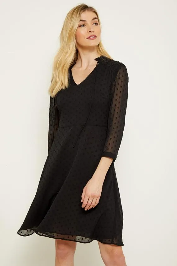 Sosandar Black Woven Spot Fit and Flare Tie Neck Dress Black Women Dresses