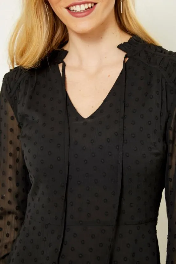 Sosandar Black Woven Spot Fit and Flare Tie Neck Dress Black Women Dresses
