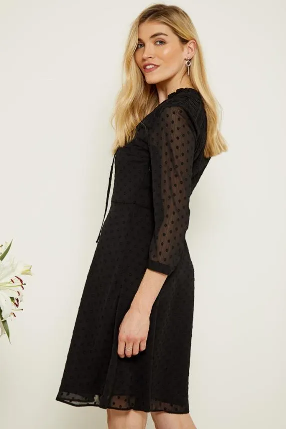 Sosandar Black Woven Spot Fit and Flare Tie Neck Dress Black Women Dresses