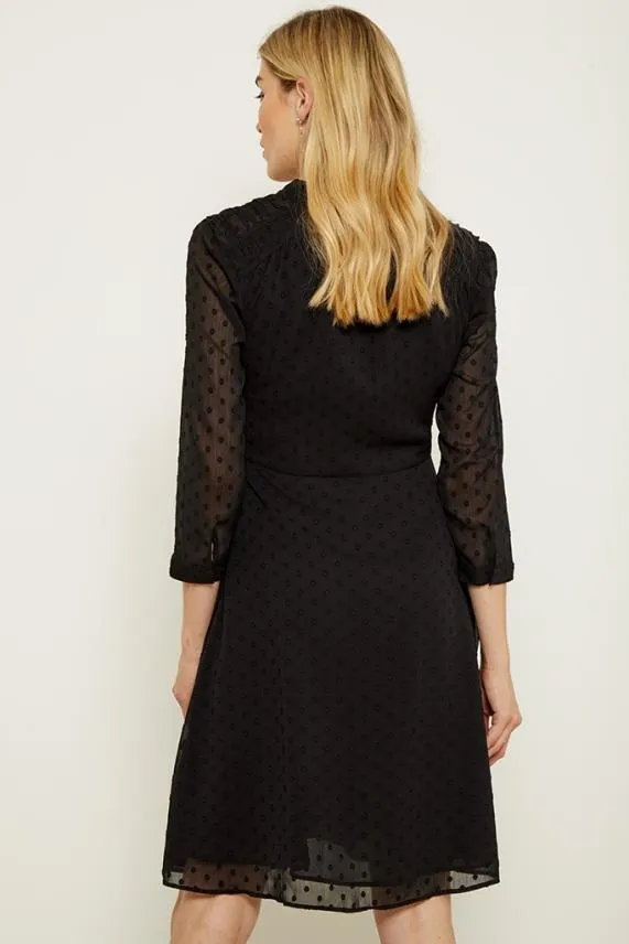 Sosandar Black Woven Spot Fit and Flare Tie Neck Dress Black Women Dresses