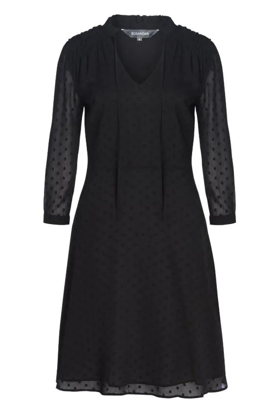 Sosandar Black Woven Spot Fit and Flare Tie Neck Dress Black Women Dresses