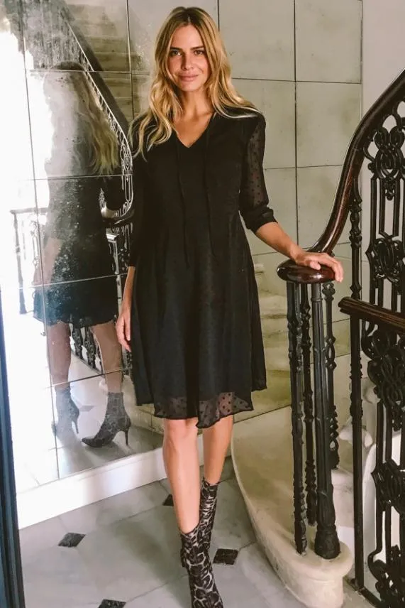 Sosandar Black Woven Spot Fit and Flare Tie Neck Dress Black Women Dresses