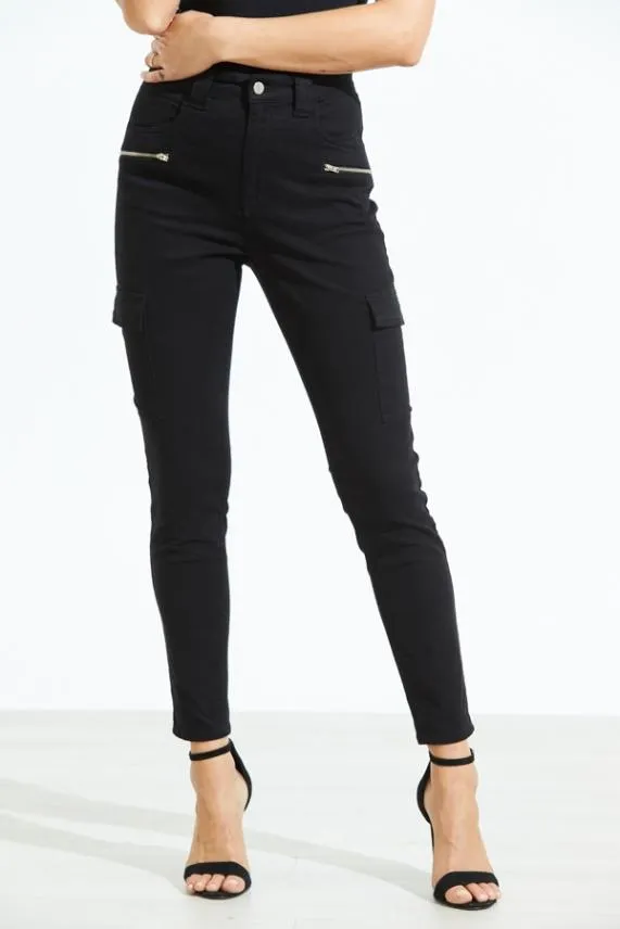 Sosandar Black Zip Detail Cargo Skinny Jeans Black Women Jeans and Jeggings