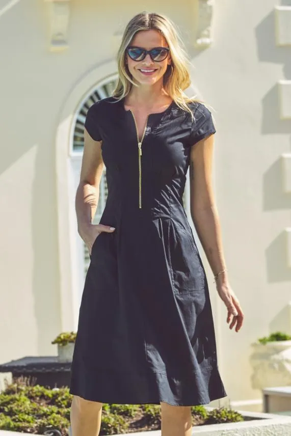 Sosandar Black Zip Front Fit and Flare Dress With Pockets Black Women Dresses Sosandar Black Zip Front Fit and Flare Dress With Pockets Black Women Dresses