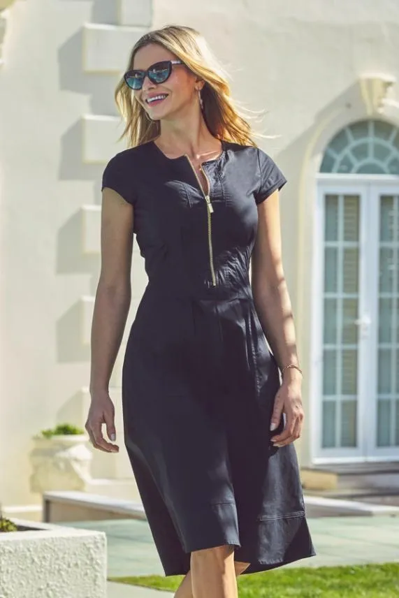Sosandar Black Zip Front Fit and Flare Dress With Pockets Black Women Dresses