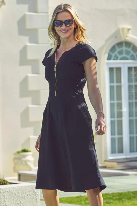 Sosandar Black Zip Front Fit and Flare Dress With Pockets Black Women Dresses