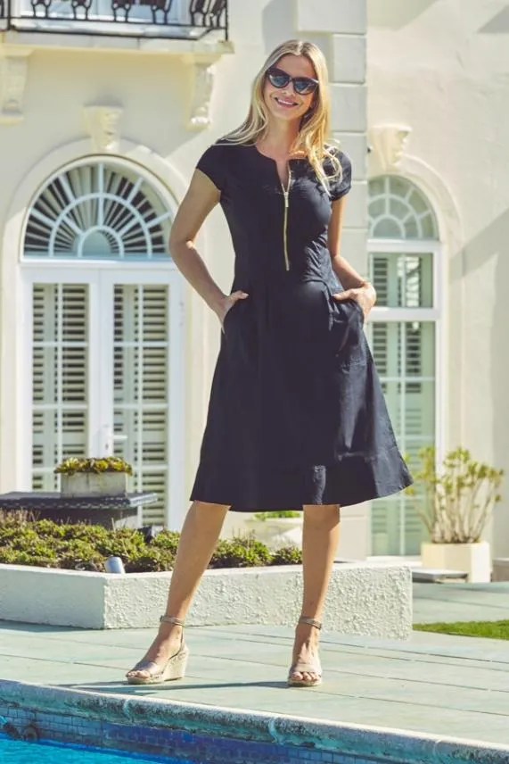 Sosandar Black Zip Front Fit and Flare Dress With Pockets Black Women Dresses
