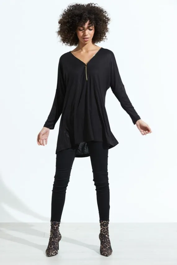 Sosandar Black Zip Front Jersey Tunic Top Black Women Tops