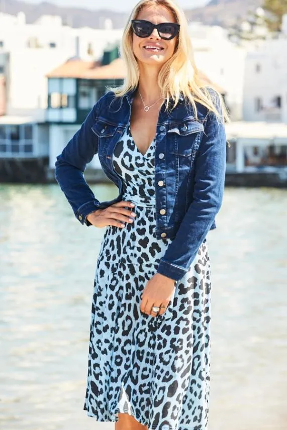 Sosandar Blue and Black Animal Print Faux Wrap Midi Dress Blue Black Women Dresses