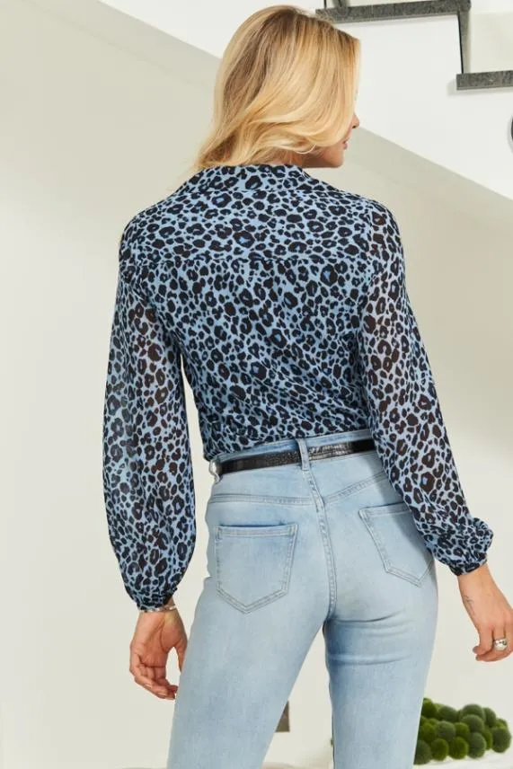 Sosandar Blue and Black Leopard Print Blouson Sleeve Shirt Blue Black Women Tops