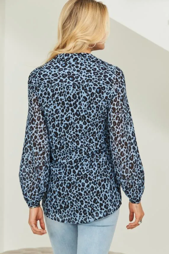 Sosandar Blue and Black Leopard Print Blouson Sleeve Shirt Blue Black Women Tops