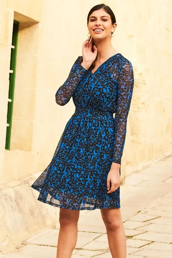 Sosandar Blue and Black Print Shirred Waist Mesh Dress Blue Black Women Dresses Sosandar Blue and Black Print Shirred Waist Mesh Dress Blue Black Women Dresses