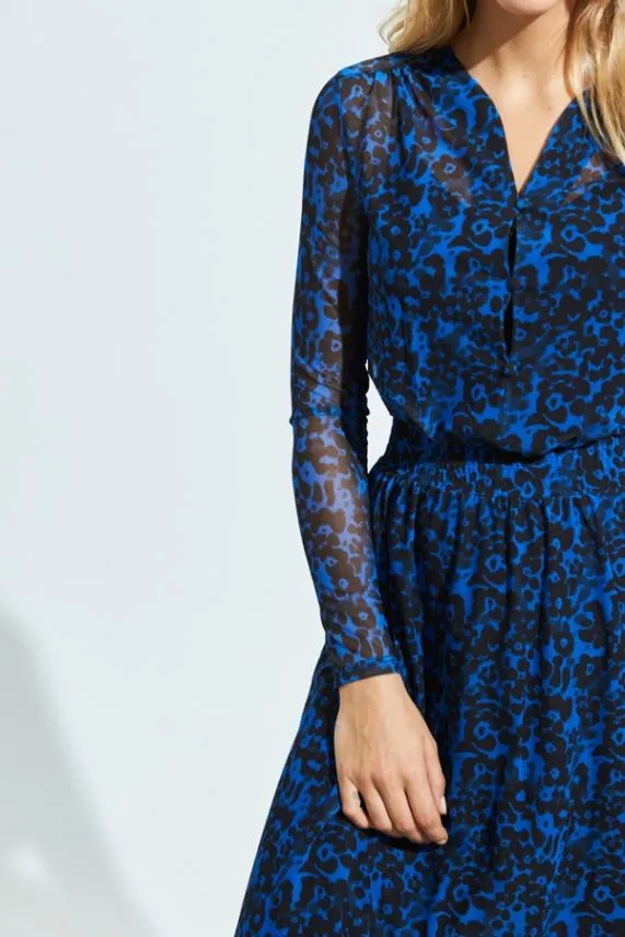 Sosandar Blue and Black Print Shirred Waist Mesh Dress Blue Black Women Dresses